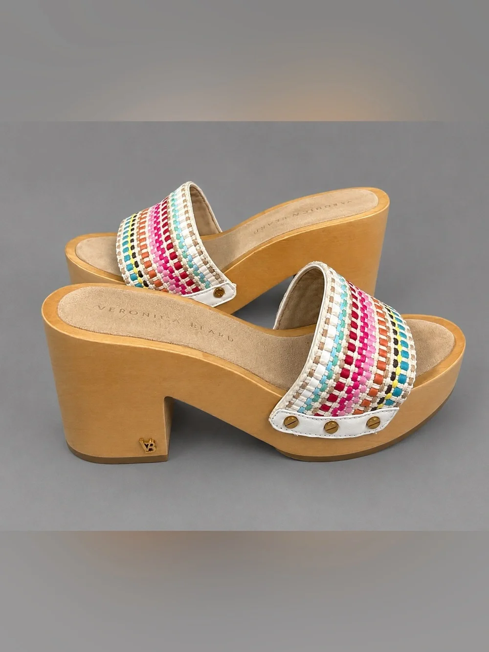 Veronica Beard Hannalee Woven Platform Sandals Multicolor Wood Heel Size 7
